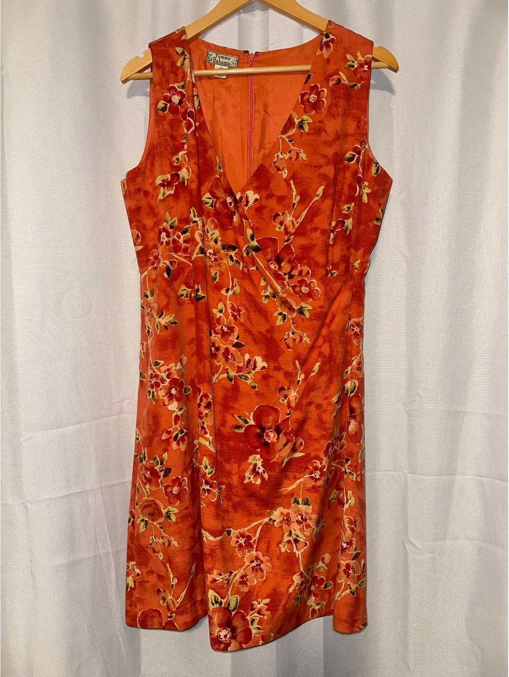 Tommy Bahama Plus Orange Floral Faux-Wrap 100% Silk Sleeveless Dress 14